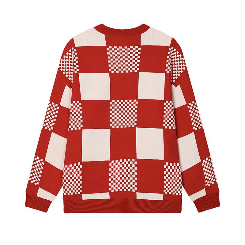 FILA Original Checkered Fashion Warm Pullover Knit Sweater Unisex sweater Water-Red F51M519402FRD
