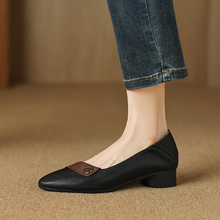 

Очень хорошо носить туфли-лодочки для женщин, новые модели Чуньцю, с мелким вырезом, острым носком, каблуком-рюмочкой, толстым каблуком, кожаной мягкой подошвой, маленькие кожаные туфли 40 чёрный