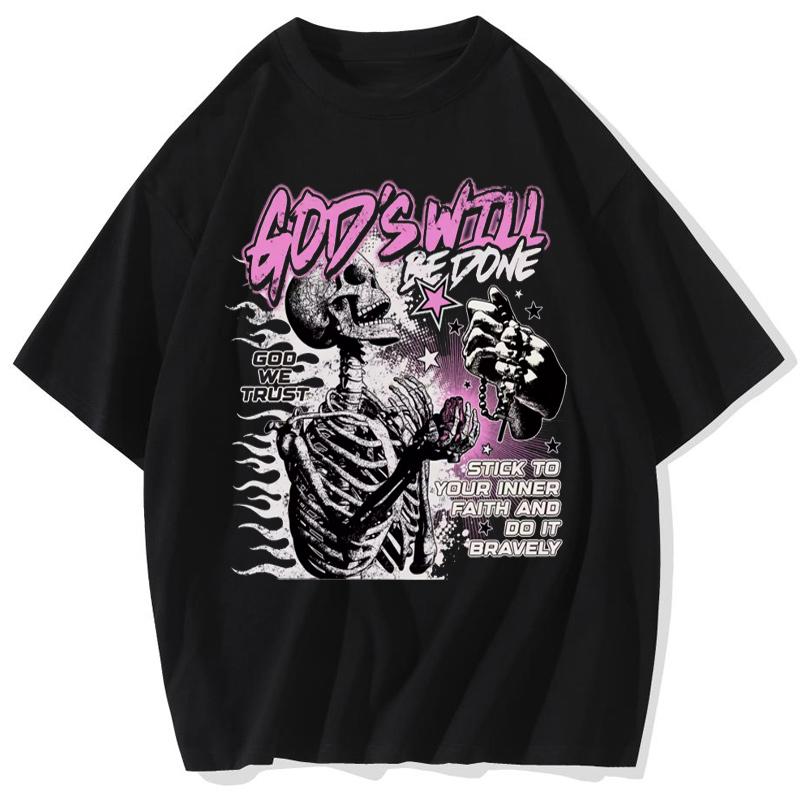 YK Tshirt Retro Gods Will Skull Retro Pattern Cotton Printed Graphic Men and Women Oversized Tshirt Street Wear Tops