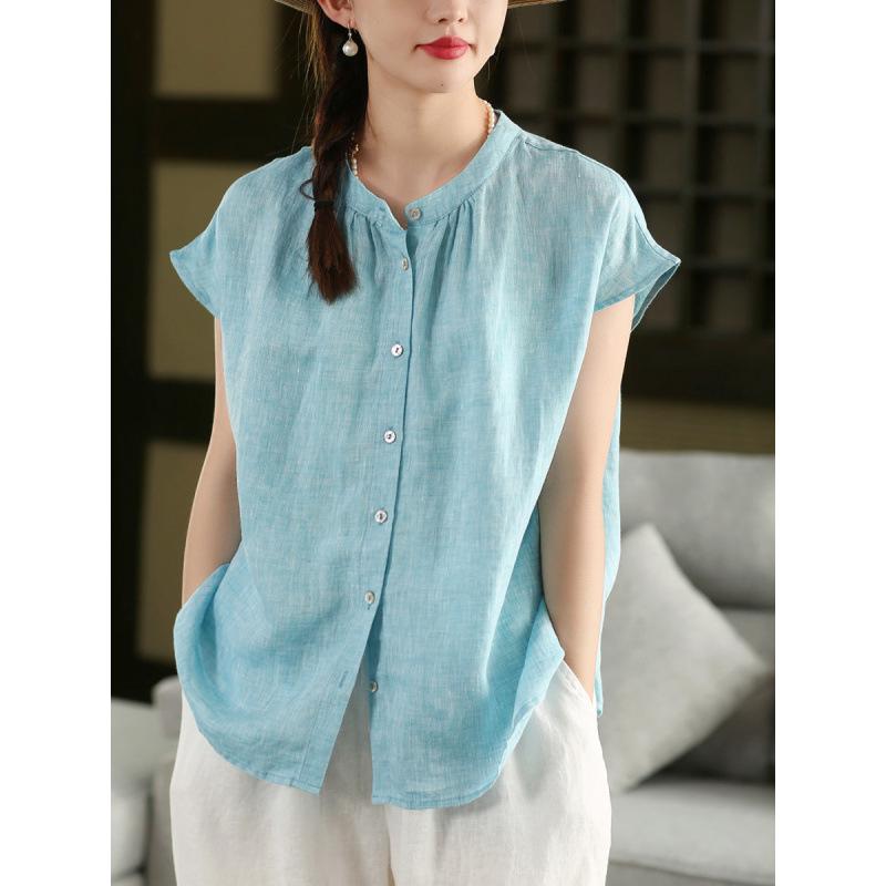 1116 Camicia in Lino Filato Industria Pesante Vintage Femminilità Collo Rialzato Camicia a Maniche Corte Monopetto Top