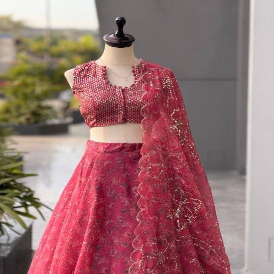 Crimson Blossom Shimmer Lehenga Choli FREE SIZE