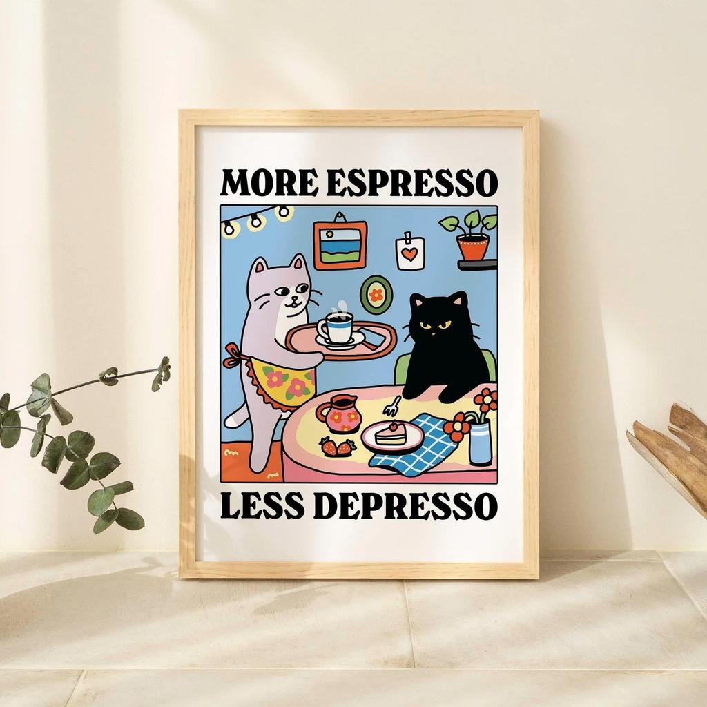 Canvas Painting More Espresso Less Depresso Black Cat Wall Print, Coffee Cat Poster, Kitchen Art, Coffee Poster, Coffee Bar, Unique For Living Room