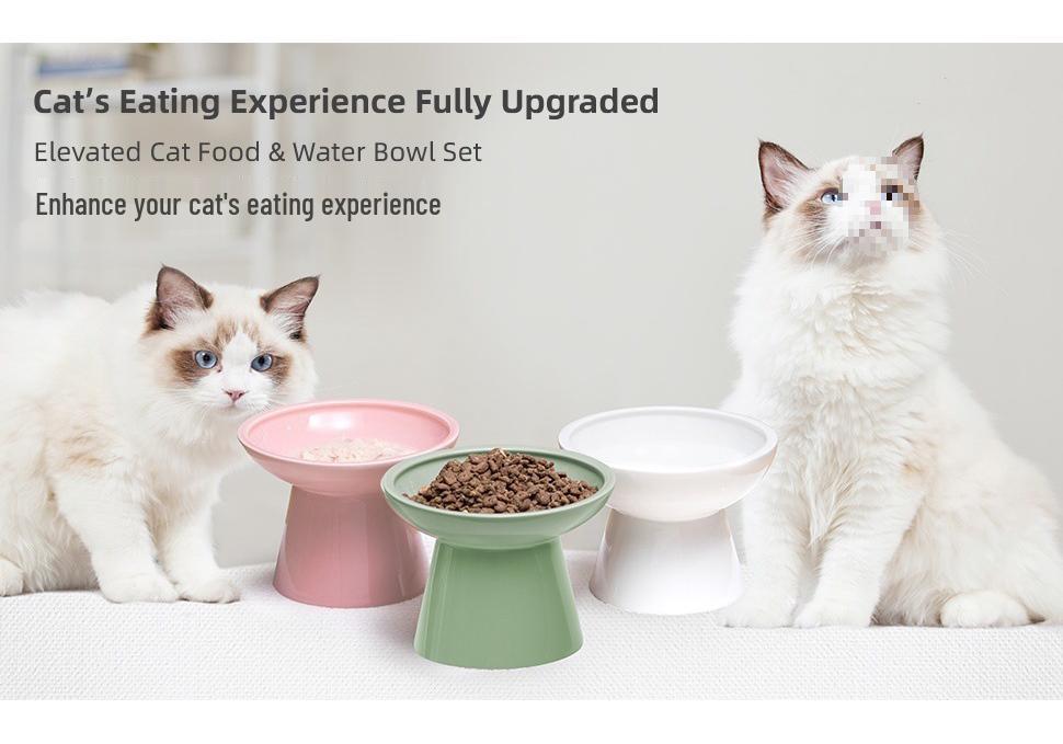 High-Legged Ceramic Cat Bowl for Neck Protection and Anti-Black Chin