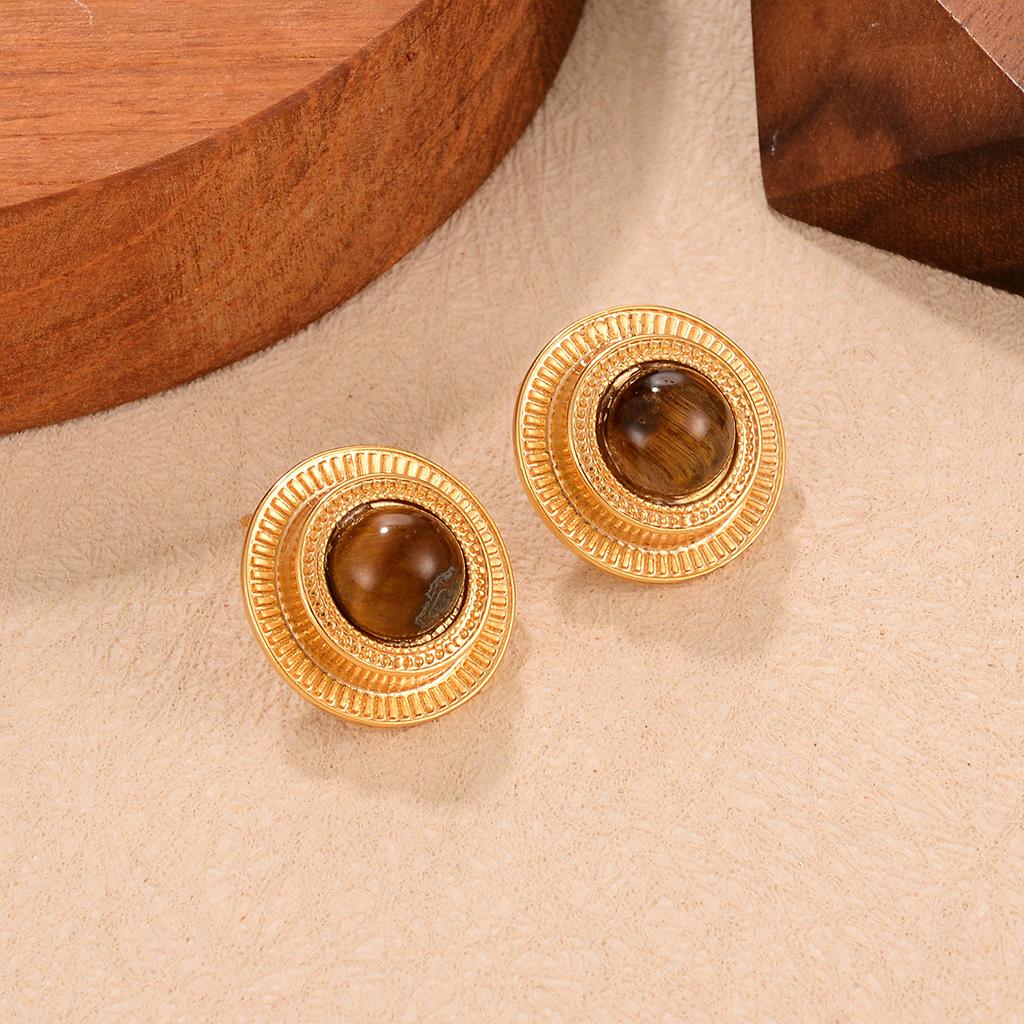 Coffee Earrings New Niche Tiger Eye Series Hong Kong Style Autumn and Winter Earrings Light Luxury Retro Simple Stud Earrings