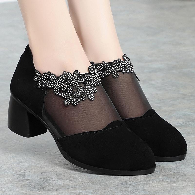 5cm Plus Size 35-42 Breathable Comfortable Mesh Rhienstone Shoes Women Pumps Summer 2025 Med Block Heels Gneuine Leather Shoes