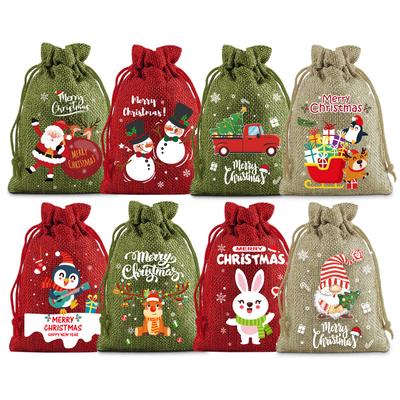 8pcs Christmas Linen Drawstring Bags Small Candy Biscuits Pouch Kids Gift Bag Xmas Decor Favor Bracelet Jewelry Packaging Bag