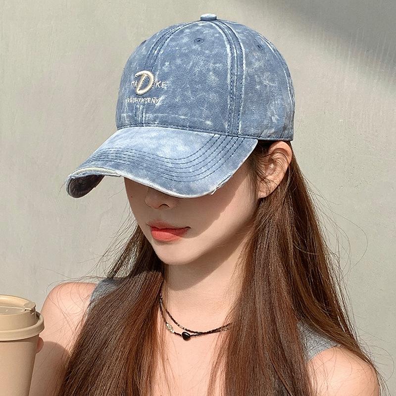 American retro tie-dye washed letter embroidered baseball cap for women, Korean style fashion distressed duckbill cap, sun hat for men