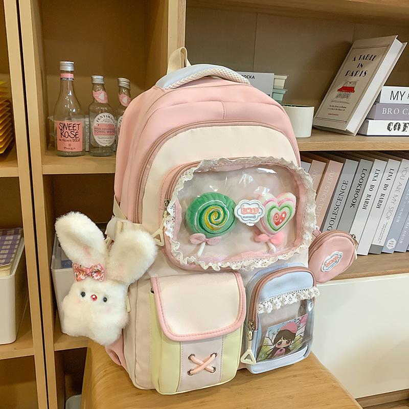 High value dopamine sweet contrasting color girl heart backpack college wind junior high school students multi-compartment backpack