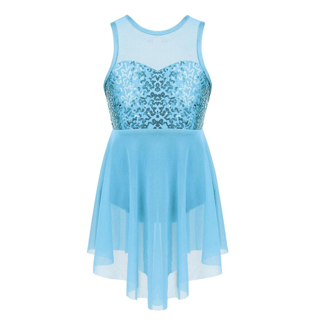 Kids Girls Modern Lyrical Dance Costumes Sleeveless Sequins Criss-Cross Back Ballet Irregular Leotard Dress