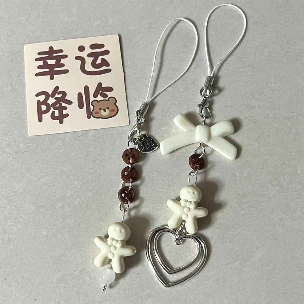 Simple Button Beaded Heart Charm Pendant Chain Phone Strap Pocket Keychain Strap Hangings Decoration for Key Bag Purse