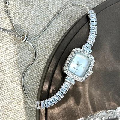 Women's Inlaid Zircon Flexible Pull Out Bracelet with Diamond Square Alloy Case Rhinestone Scale Simple Dial Quartz Watch