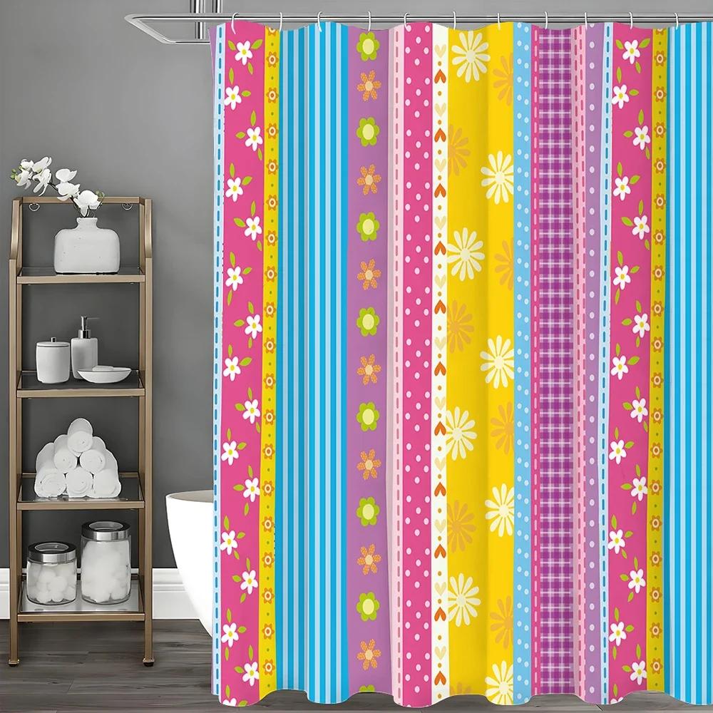 Colorful Striped Shower Curtain, Bathroom Decorative Shower Curtain, Waterproof Shower Curtain with Hooks 180x200cm