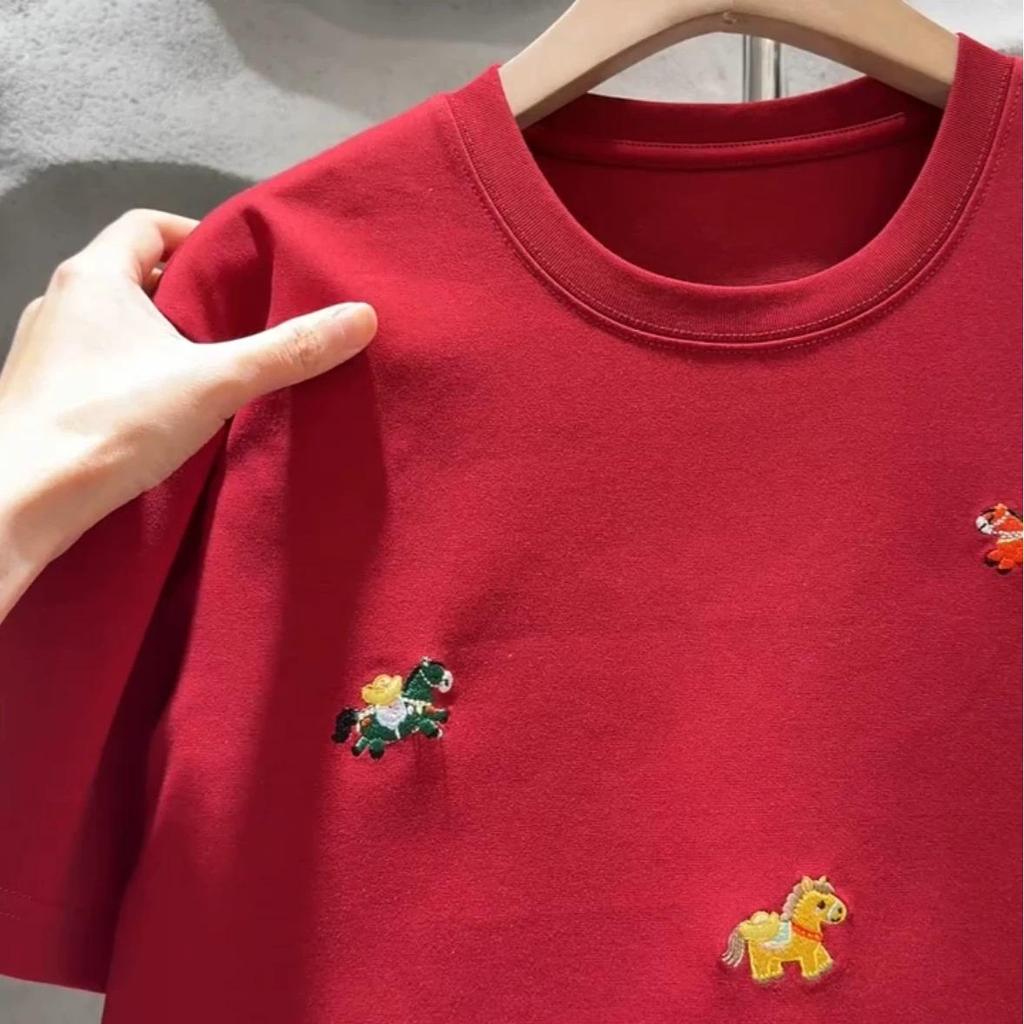 Plus Size Cartoon Embroidered Cool Cotton Summer T-Shirt (21s, Age-Reducing, Versatile, Casual)