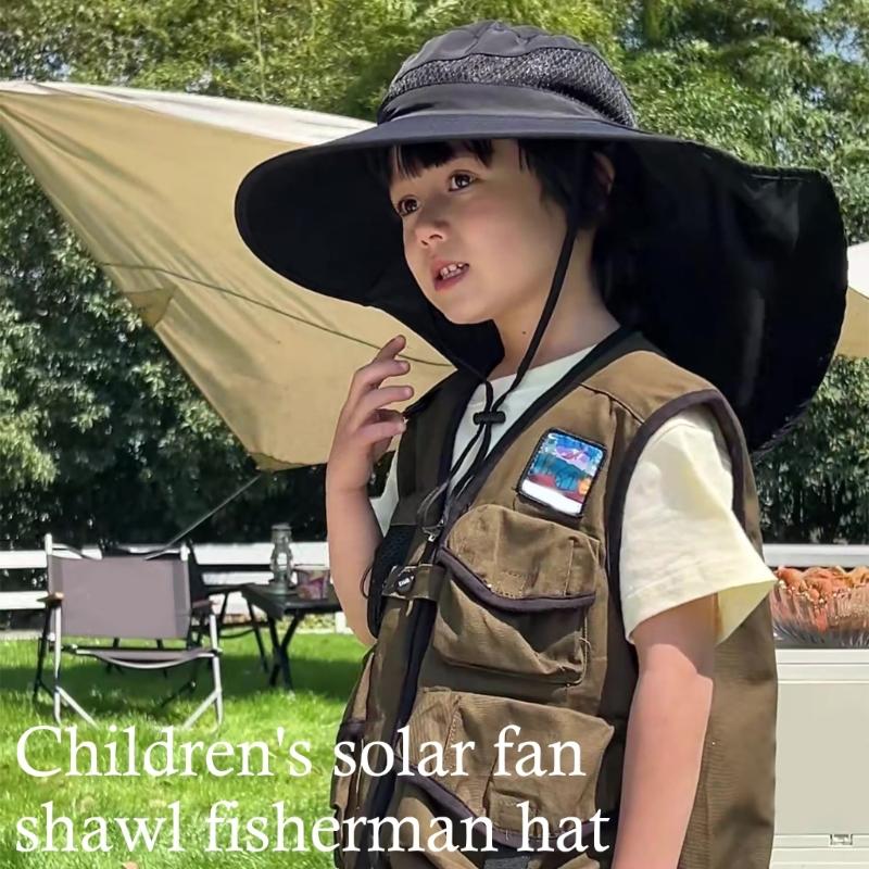Solar Cooling Fan Hat Wide Border Children Hat Sun Protection Fishing Hat for Hiking Camping Fishing Activity