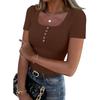 Dámské tričko s úzkým spodním dílem, módní ležérní, jednobarevný, s knoflíky, čtvercovým výstřihem, svetr s krátkým rukávem