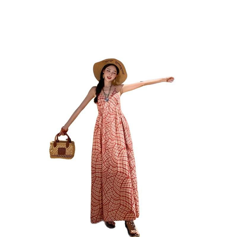 Bohemian Red Plaid Sleeveless Maxi Dress Women Beach Vacation Loose A-Line Strap