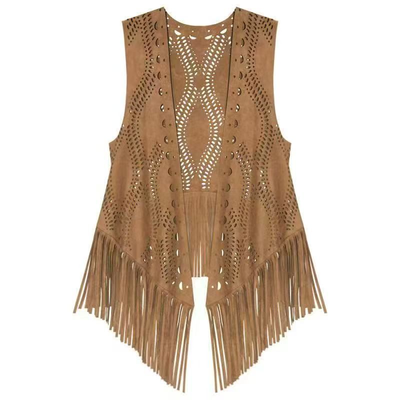 Women's Hollow Out Cardigan Vest Fringes Bohemian Retro Solid Color Cardigan Vest