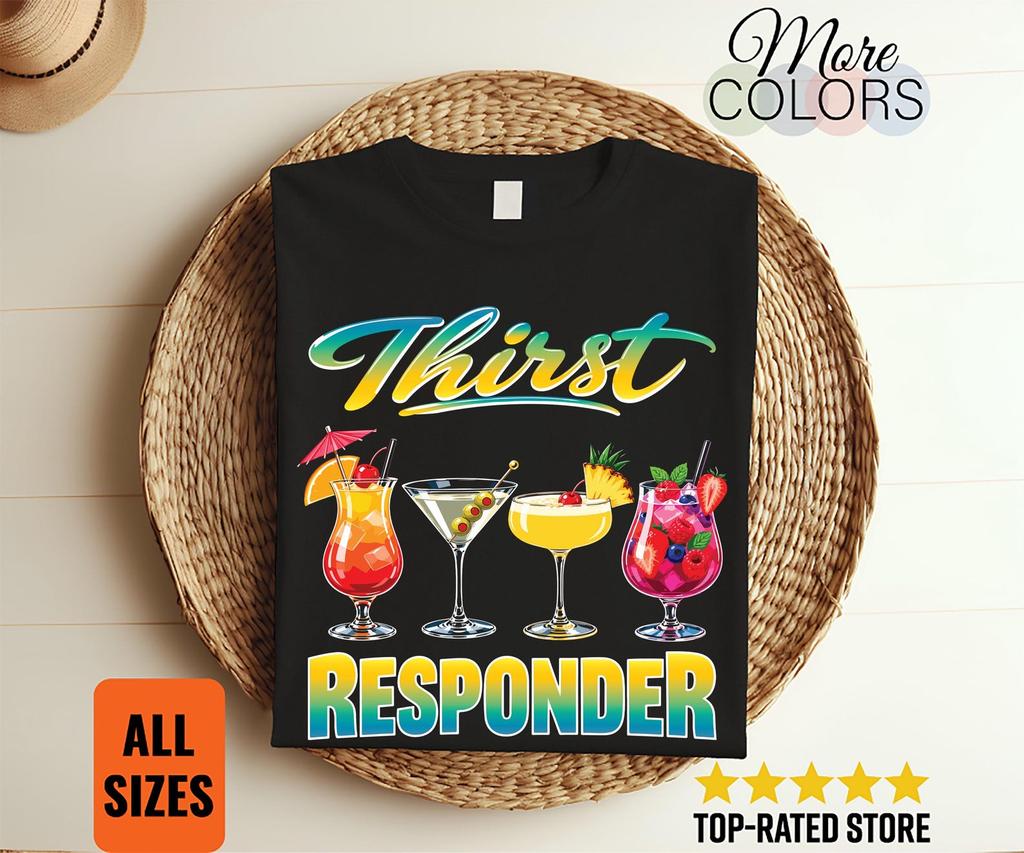 Thirst Responder Shirt, Funny Bartender Gift, Colorful Cocktail Art, Tropical Drinks, Mixologist Humor, Beach Bar, Pool Party, Martini Lover
