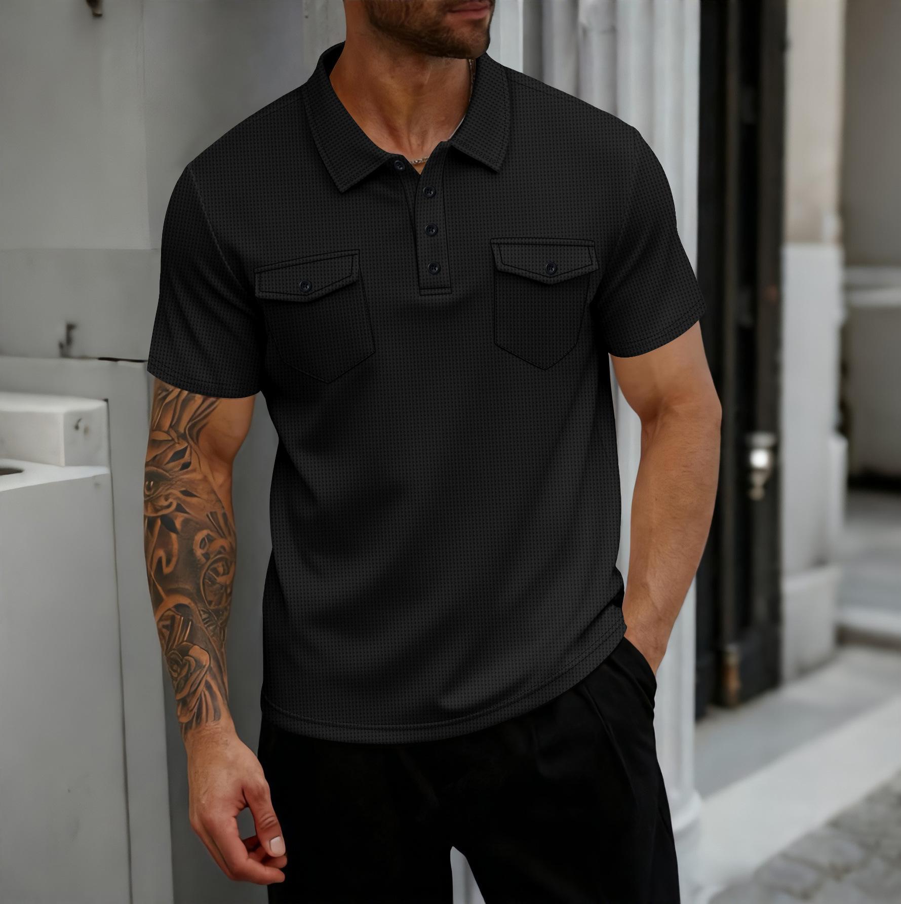Mens Short Sleeve Waffle Knit Polo Shirt With Double Pockets S чёрный