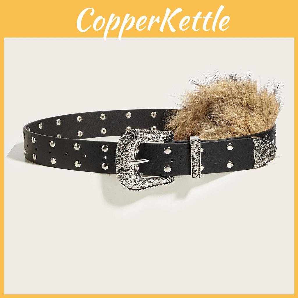 Statement Pu Leather Belt Artificial Fur Design And Carved Needle Buckle For Modern Street Fashion