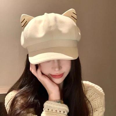 Japanese Retro Cute Cat Ear Beret for Women - Slimming, Sun Protective, Versatile Octagonal Painter Hat