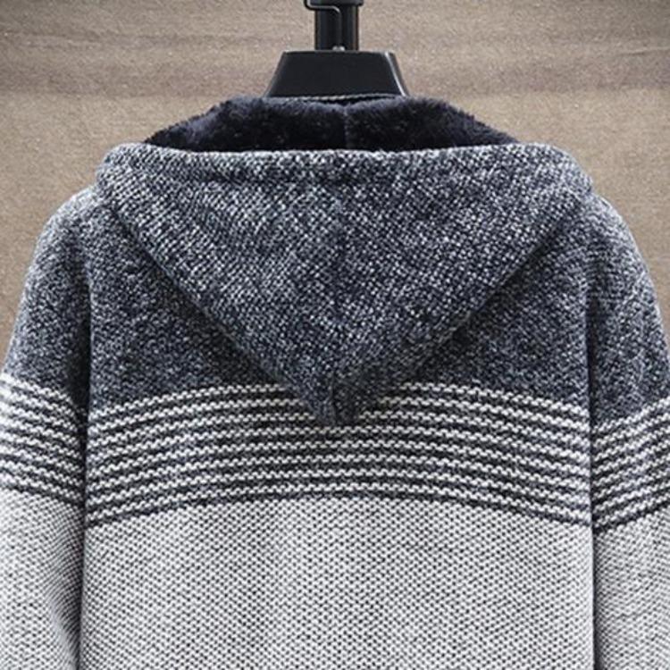 Thicken Plush Warm Cardigan Sweater Knitted Coat for Men Color Block Hooded Autumn Winter Daily Wear