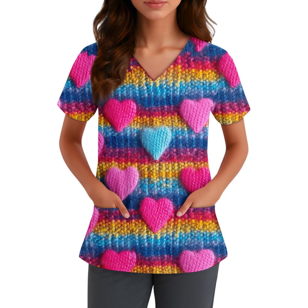 Damen Niedlich Schleife Bedruckt Arbeitskleidung V-Ausschnitt Doppellagig Taschen Basic Kurzarm Oberteil Pullover