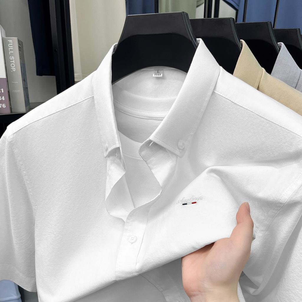 Men's Summer Breathable 100% Cotton Solid Color Short Sleeve Button Down Shirt, All Match Fashion Casual Premium Top