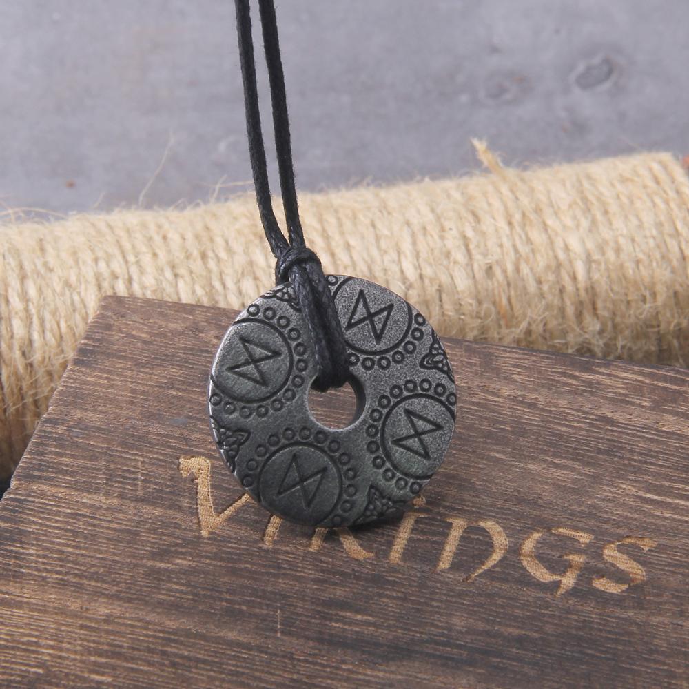 Never Fade Gray Viking Rune Pendant Necklace for Men Adjustable Chain with Wooden Box Gift