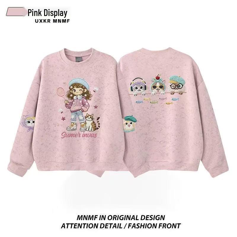 Girls' Tie-Dye Crewneck Sweatshirt with Cartoon Cat - Fleece-Lined for Spring and Autumn 2025, Medium & Large Sizes