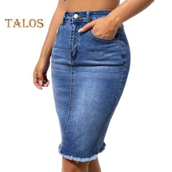 

Женская джинсовая юбка с высокой талией и молнией на пуговицах, юбка-миди с несколькими карманами, однотонная промытая юбка с кисточками на бедрах 2XL синий