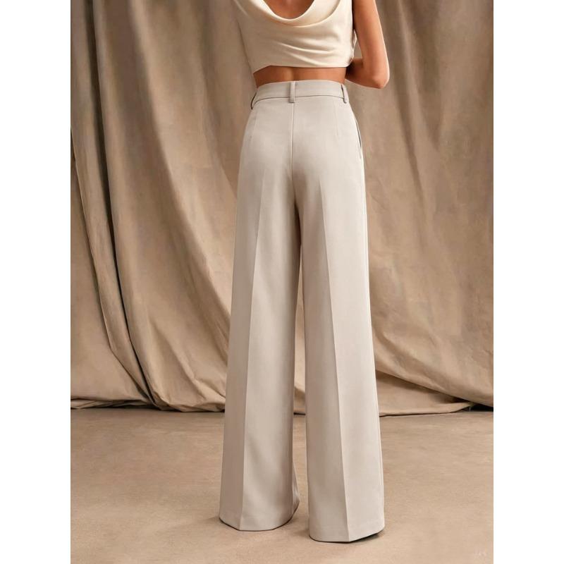 Women Solid Wide Leg Formal Trousers Office Style