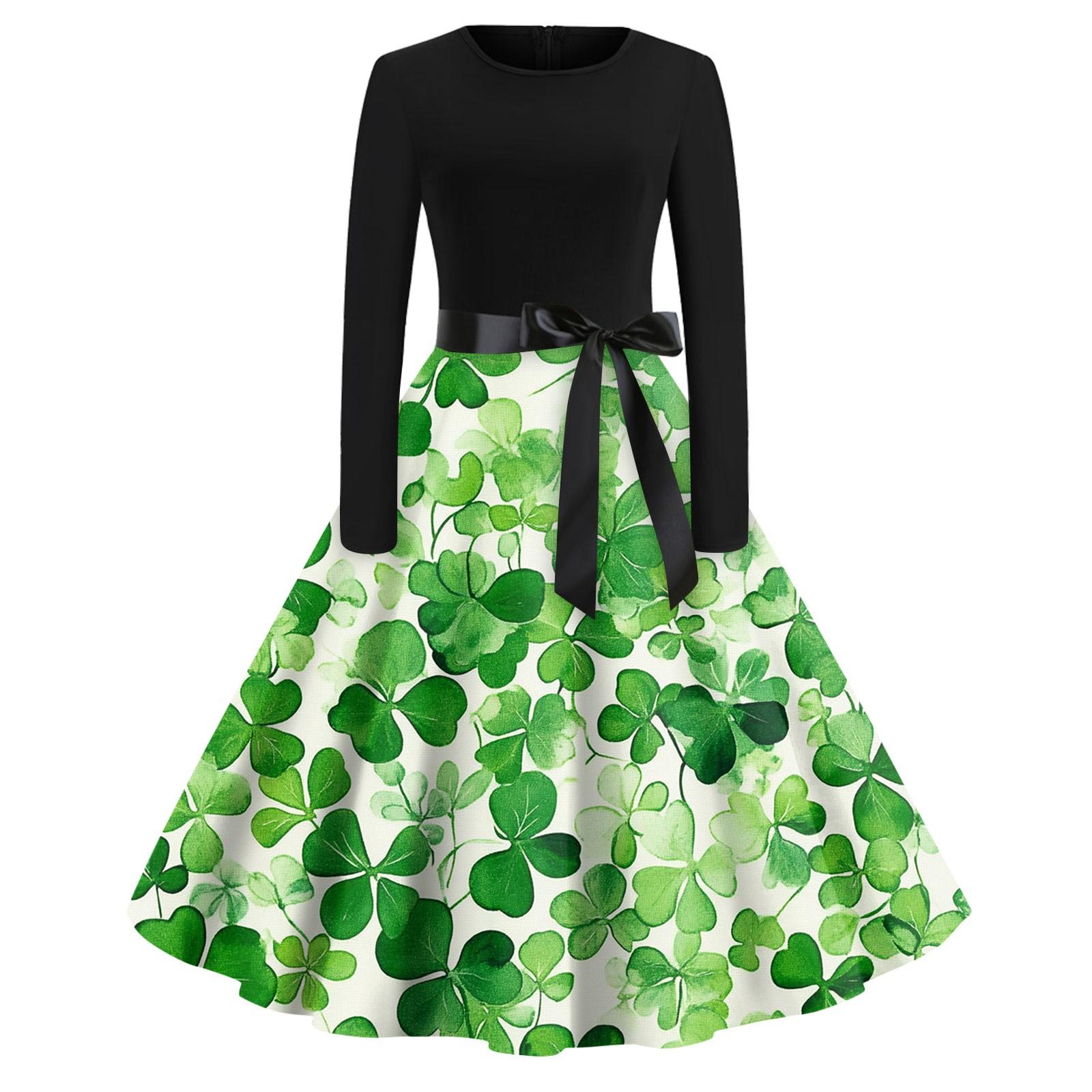 

Жіночі сукні Модні повсякденні тонкі сукні з круглим вирізом St. Сукні з довгими рукавами з принтом до Дня Патрика XL