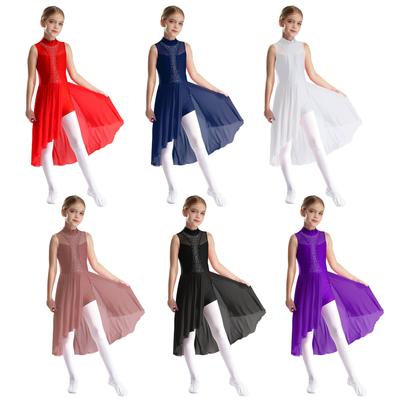 Jenter Lyrisk Dans Kjole Kunstløpskostyme Glitrende Rhinestone Ballett Danseklær Ermeløs Mock Neck Asymmetrisk Fald Kjole