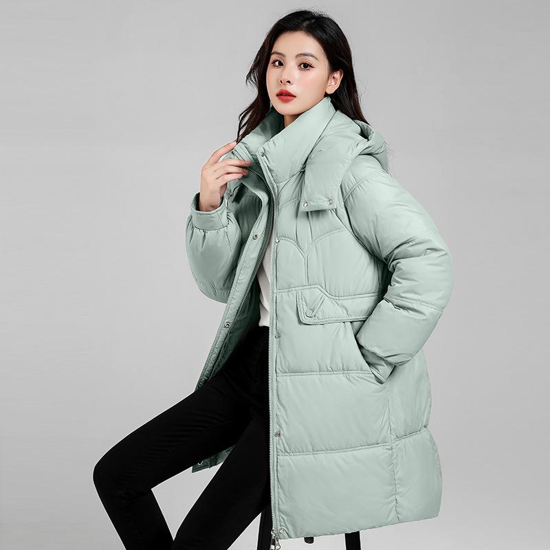 Autumn Winter Women's Down Cotton Jacket Mid-Length Stand Collar Removable Hood Thickened Puffer Coat