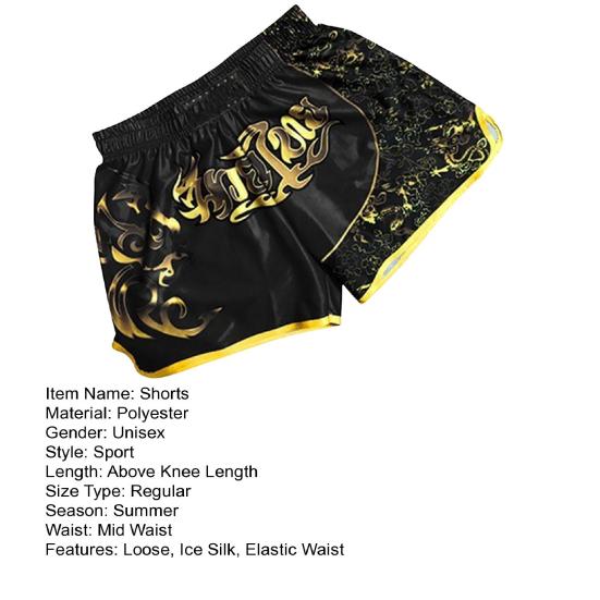Unisex Muay Thai Shorts Ice Silk Printed Embroidery Elastic Waist Boxing Fight Kickboxing Grappling Training Workout Gym Shorts