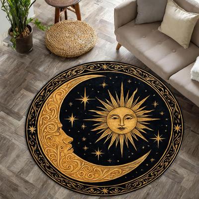 1 Stück Runde Teppich mit Himmels Sonne und Mond Muster, Rutschfeste Fußmatte für Wohnzimmer, Schlafzimmer, Badezimmer, Ferienhaus Dekoration