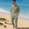 Mens Linen Two Piece Set Long Sleeve Button Down Shirt with Collar and Pocket Relaxed Fit Drawstring Waist Pants Beach Outfit