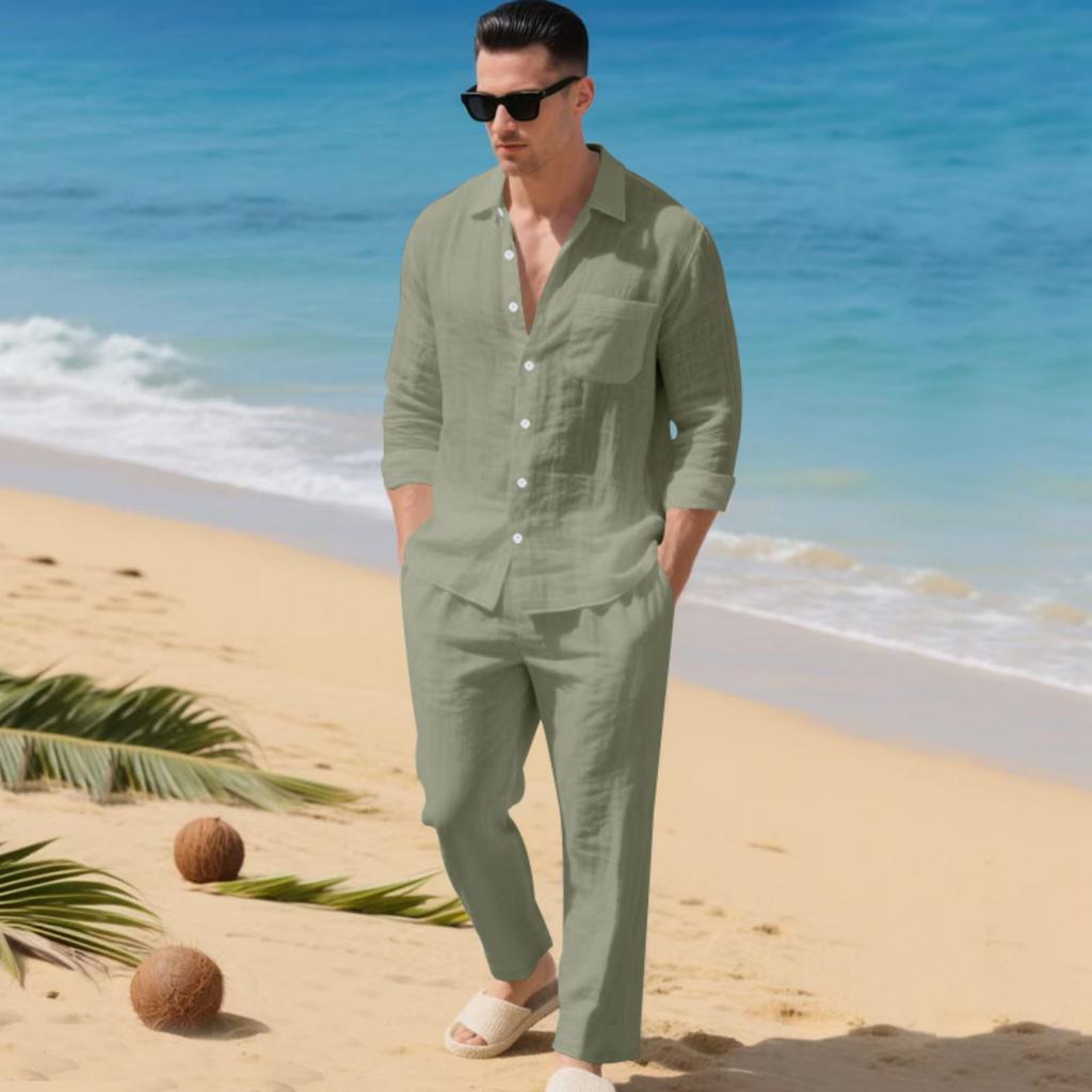 Mens Linen Two Piece Set Long Sleeve Button Down Shirt with Collar and Pocket Relaxed Fit Drawstring Waist Pants Beach Outfit