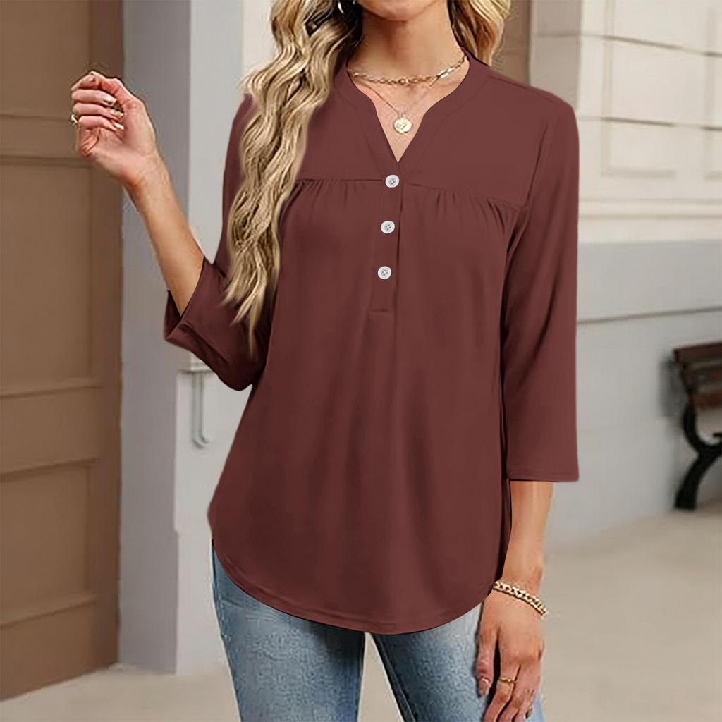 Women's Fashionable Casual Color V-Neck Decorative Button Three-Quarter Sleeve T-Shirt Top