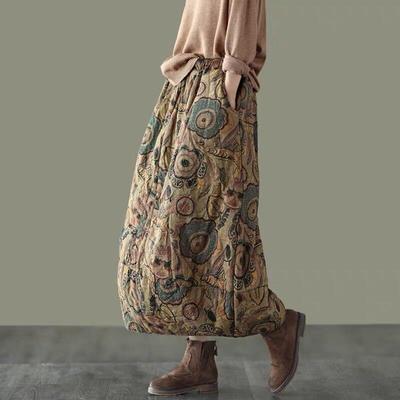 Otoño Invierno cálido algodón lino estilo chino nacional elástico Wiast estampado todo fósforo Vintage Falda larga