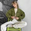 Women's Stand Collar Jacket Button Down Lantern Sleeve Elastic Cuff Pocket Solid Color Casual Coat