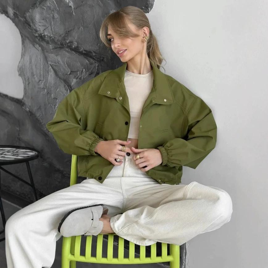 Women's Stand Collar Jacket Button Down Lantern Sleeve Elastic Cuff Pocket Solid Color Casual Coat