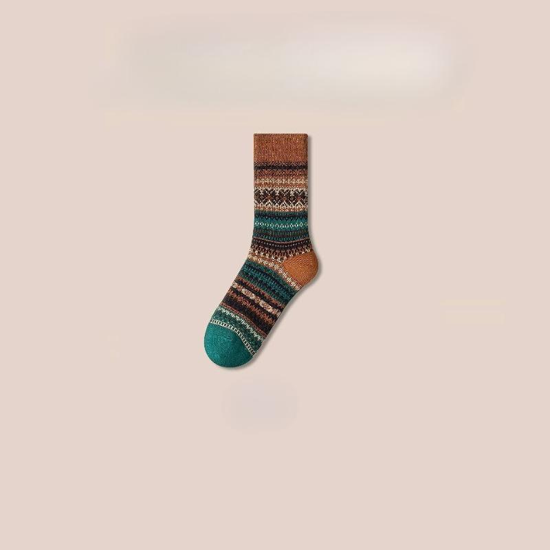 Ethnic-style Socks for Women In Winter, Thickened with Fleece, Warm Striped, Retro Long Tube with Loops, Women's Growth Socks, Cotton Socks