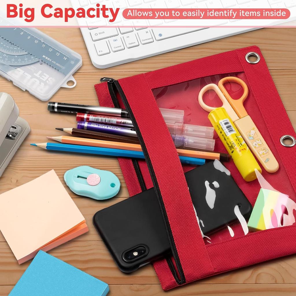 V-Opitos Pencil Pouch for 3 Ring Binder, Bulk 6 Pack 3-Holes Zipper Pencil Pouches In Assorted Colors, Sturdy and Durable Cloth Pencil Case with