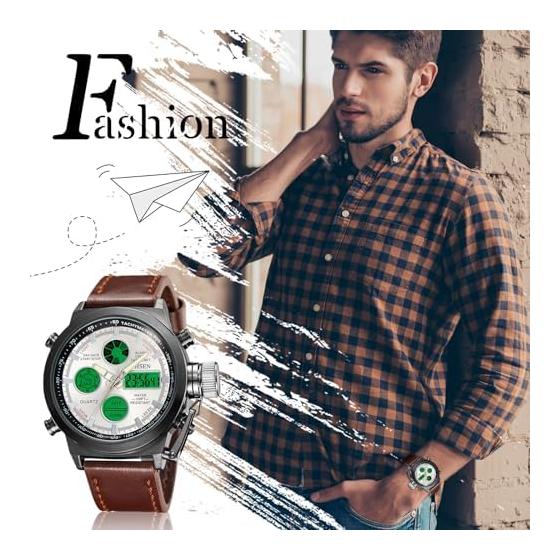 Men's Military Ana-Digital Display Waterproof: LED Genuine Leather Strap Japanese Quartz Antique Stylish Popular Men's Accessories - Father's Day,
