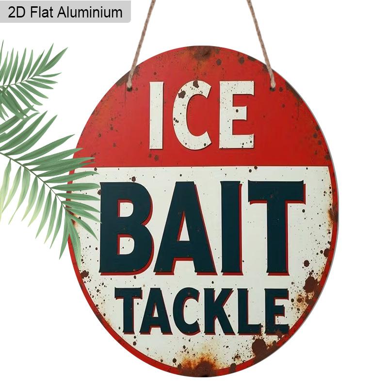2D Flat Aluminum Rustic Fishing Tackle Shop Billboard Round Metal Sign, Fishing Aluminum Plaque for Man Cave, Garage, Lake House, Pre-Drilled Holes