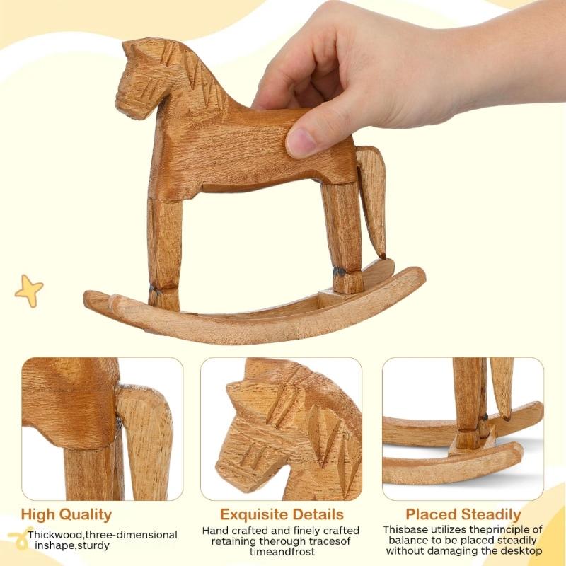 Shelf Horse Figurine in Natural Wood Finish, Small Rocking Horse Piece for Entryway Display, Cabinet Placement, Desk Styling, or Photo Scenes