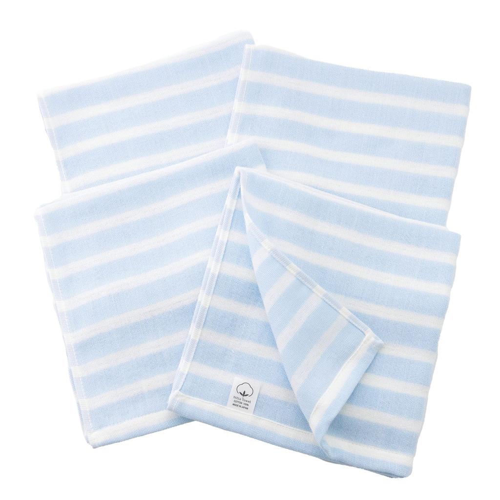 Mukotowel Gauze Border Hand Senshu Made in Set of Ice Blue Double-Ply Towels, Towels, Thin, Japan, Quick-Drying, 4,