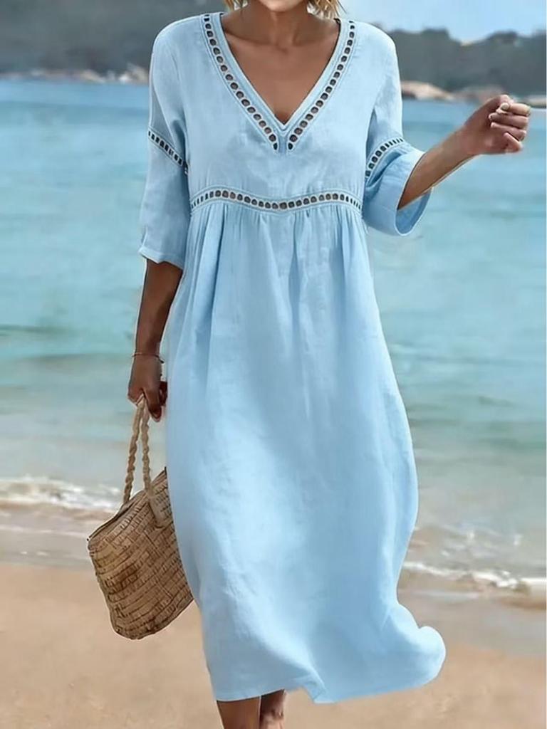 2026 Abito Elegante Casual da Donna a Scollo a V Monocolore Primavera/Estate